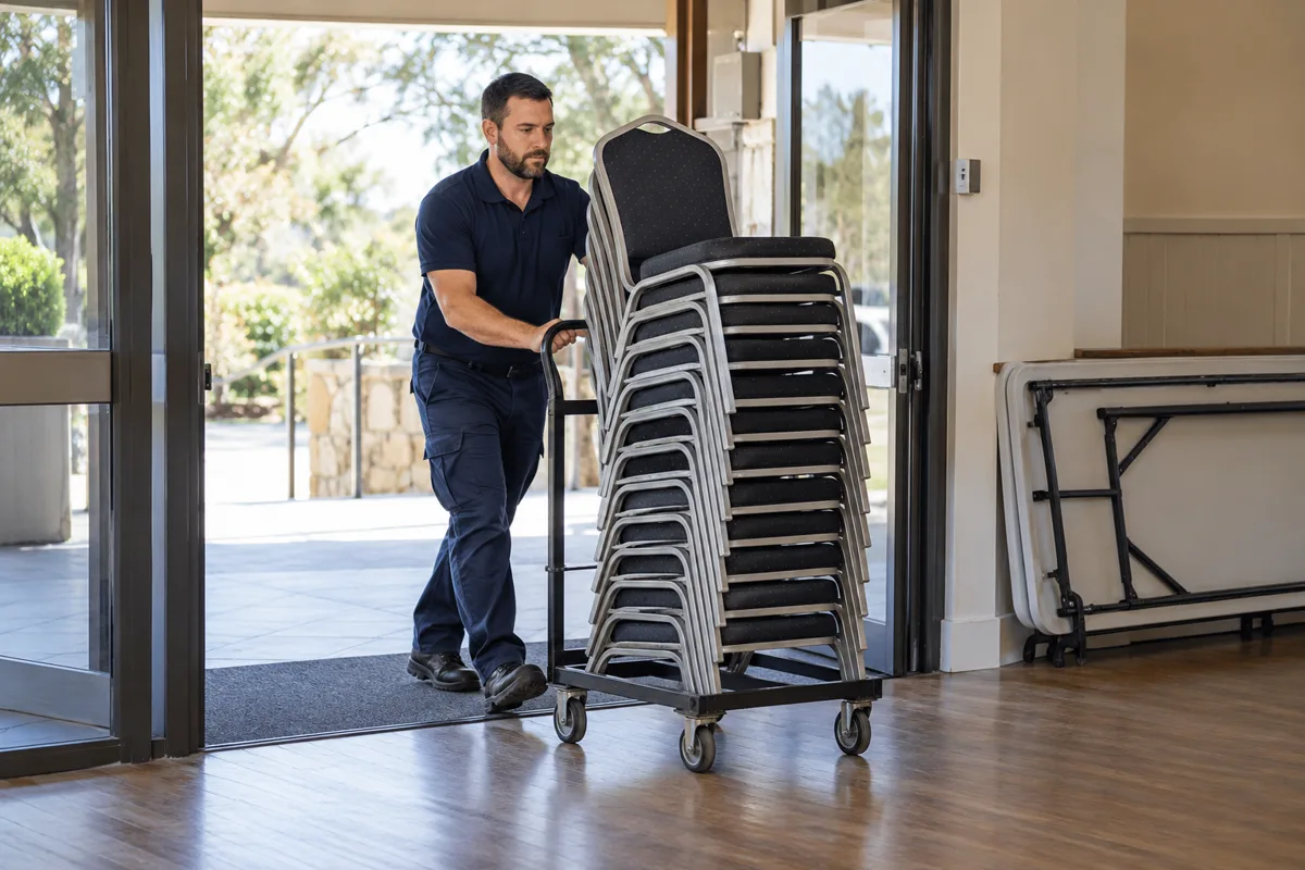 A mover wheeling a tall stack of event chairs through a venue entrance