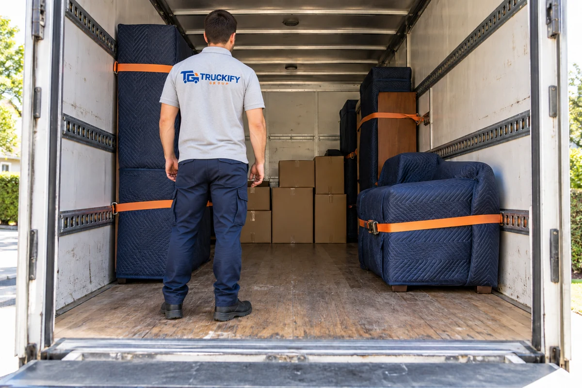 A mover seen from behind wearing a Truckify Group shirt inside a packed moving truck